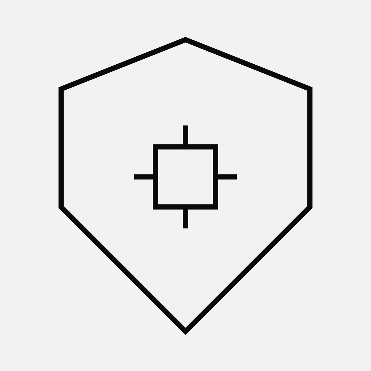 Shield with chip core — protected firmware vault, monochrome line art
