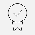 Seal with check and ribbon — verified transaction certificate, monochrome line art