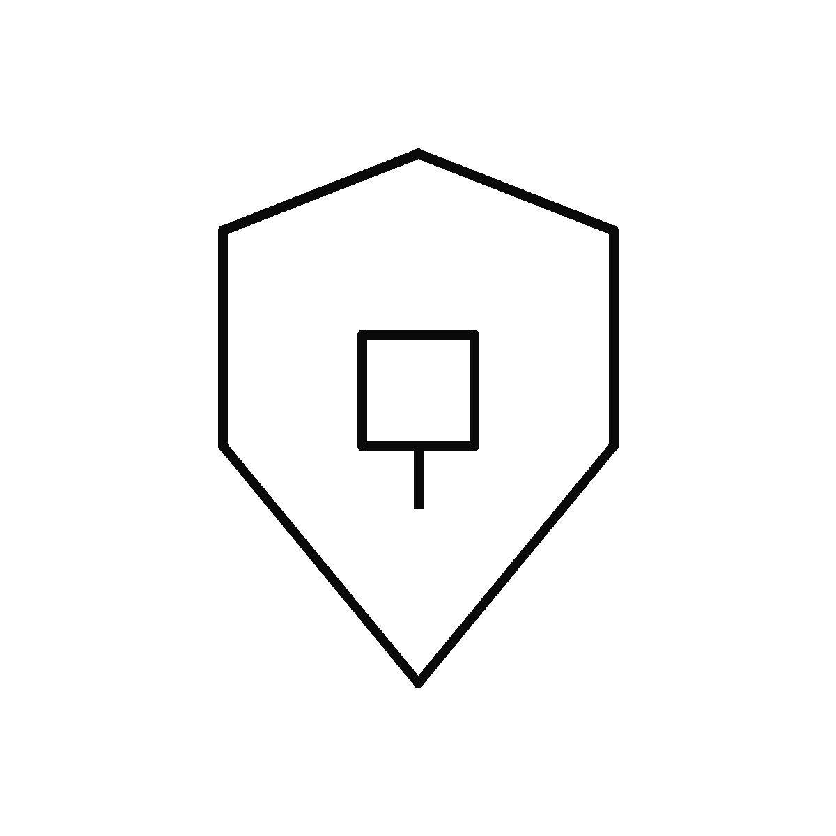 Shield with chip core — protected firmware vault, monochrome line art