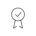 Seal with check and ribbons — verified transaction certificate, monochrome line art